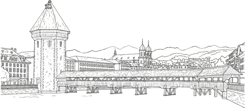 Black and white sketch of a covered bridge, tower, and town with mountains in background