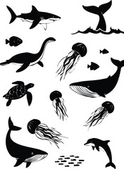 Obraz premium A collection of various marine life illustrations including sharks whales and jellyfish presented as a silhouette high quality professional detailed modern 