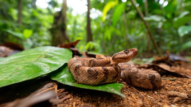 Giant Hognose Snake Coiled on Leaf Litter in Tropical Rainforest Environment