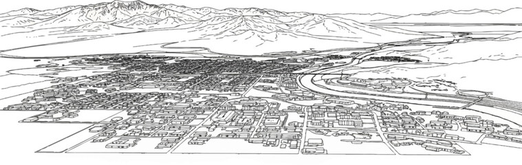 Fototapeta premium Detailed sketch of a sprawling town nestled between mountains and a vast body of water