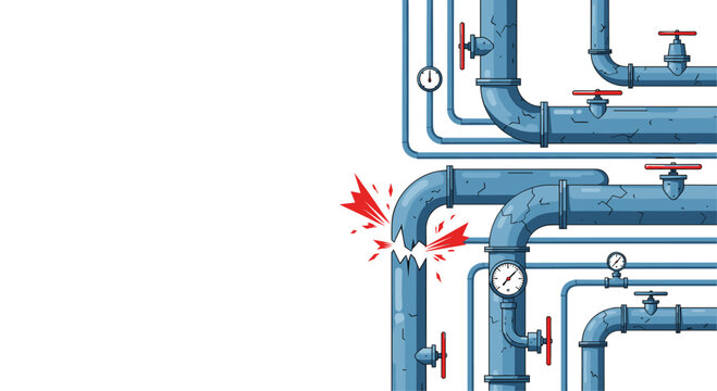 Network of blue industrial pipes with valves and gauges featuring a dramatic pipe burst and high pressure water splash.