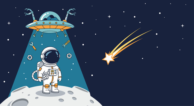 Sci-fi scene of an astronaut standing on the moon surface being abducted by a ufo light beam in starry night sky.