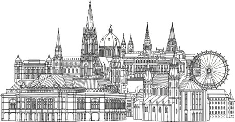 Fototapeta premium Elaborate line drawing of iconic city skyline with varied architectural styles and a Ferris wheel