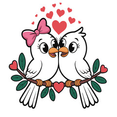 Obraz premium Cute cartoon dove couple in love sitting on tree branch with many flying red hearts around on transparent background vector illustration valentines day concept