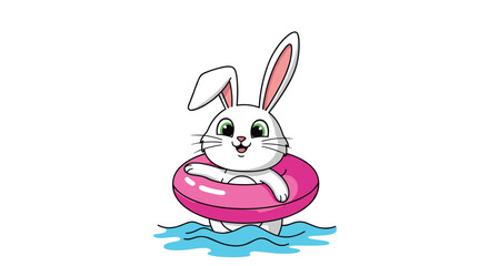 Obraz premium Adorable cartoon bunny rabbit floating in the water with a bright pink swim ring, smiling happily on a warm summer day.
