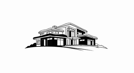 A stylized black and white drawing of a modern multi-story house on a hill