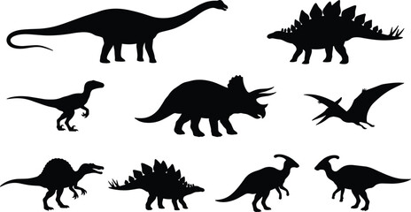 Dinosaur Silhouettes Set with T Rex Triceratops Stegosaurus and Pterodactyl Prehistoric Animals Vector Illustration Isolated on White © Heyyy