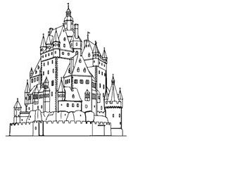 Fototapeta premium Ornate medieval castle with multiple towers, ramparts, and small windows, rendered in black outline