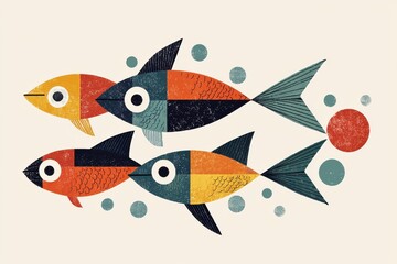 Fototapeta na wymiar Geometric illustration of three colorful fish in a retro artistic style