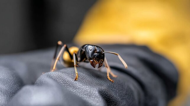 Close-Up of Carpenter Ant on Gloved Hand in Hazmat Suit Background
