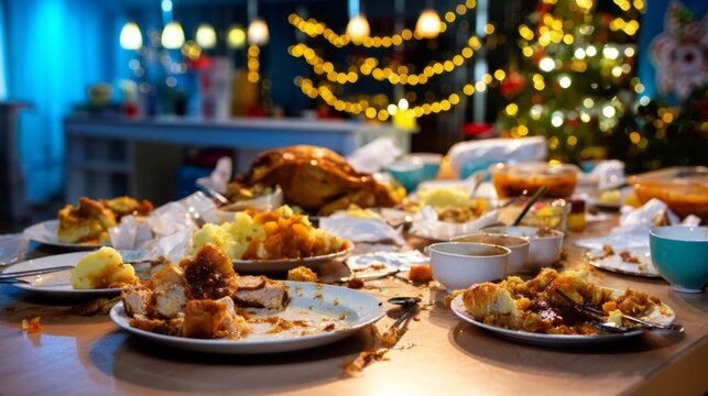 Festive Dinner Table Overflowing with Leftovers and Holiday Decorations at Midnight