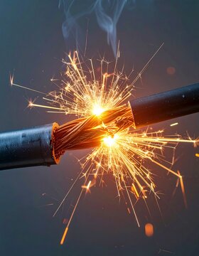 Intense electrical arc and sparks bursting from damaged power cable