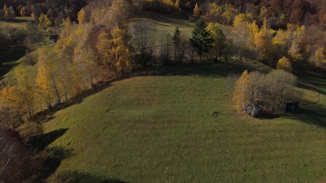 Gorgeous Rustic Wooden Hut and Autumn Tree Shadows in Idyllic Sunny Poiana Marului Cinematic Pull Back Drone Shot 4K Graded