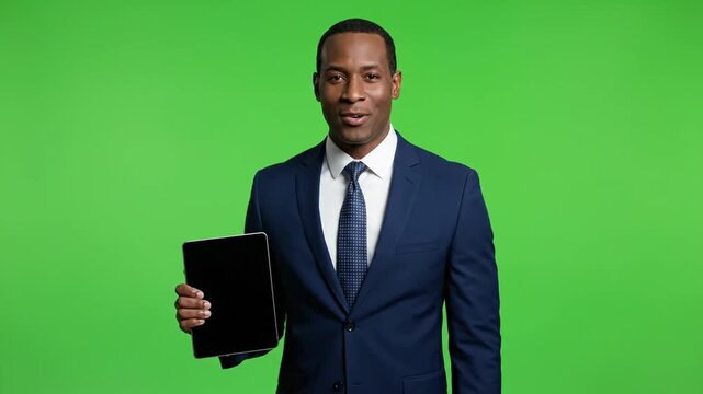Man in suit holding tablet with four fingers visible in a professional VIDEO gesture