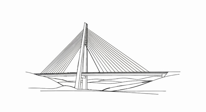 Line drawing of a modern cable-stayed bridge against a white background