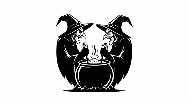 Two wicked witches with pointed hats stir a bubbling cauldron in this monochrome design