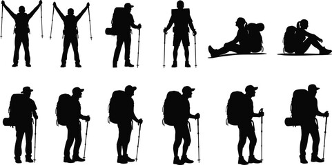 Set of hiker silhouettes with backpacks and trekking poles standing, sitting, and celebrating success for outdoor adventure and mountain travel.
