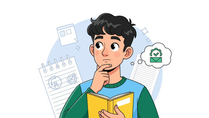 Young man thinking with a book and thought bubble illustration © Botol