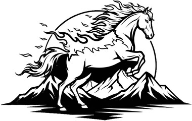 Obraz premium Majestic stallion with fiery mane leaps over mountain peaks under a circular sun