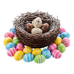 Fototapeta premium A basket filled with colorful easter eggs and a small chick nestled inside. isolated on transparent background