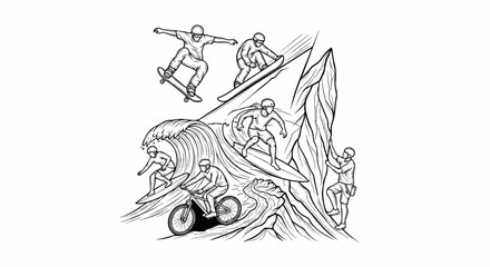 Obraz premium Diverse extreme sports depicted in a dynamic sketch surfing, skateboarding, snowboarding, cycling, climbing