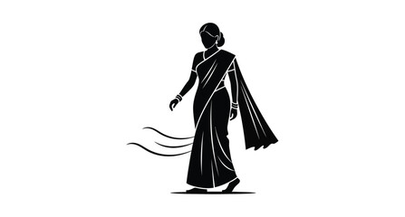 Elegant woman in traditional sari walking a striking black silhouette © MSTSALINA