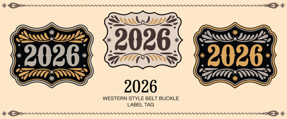 ornate american classic old west style medal typographic emblem, label design with decorative floral frame, vector color variants, editable tag, luxurious shape twenty twenty six. © MD FARIDUL