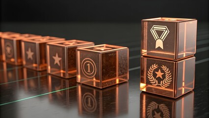 Stacked copper cubes with award icons and reflections on dark surface medal trophy