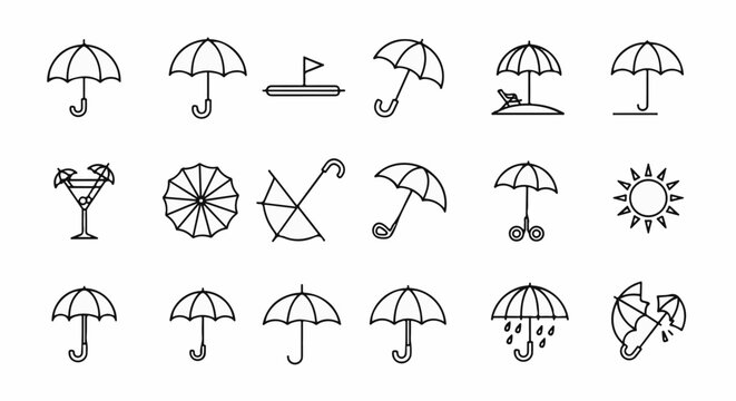 A collection of minimalist line art icons featuring umbrellas, a sun, a drink, and a golf flag