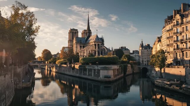 Ultra HD view of the historic Notre Dame de Paris cathedral, a landmark of French Gothic architecture reflecting on the river water under a city sky in Europe