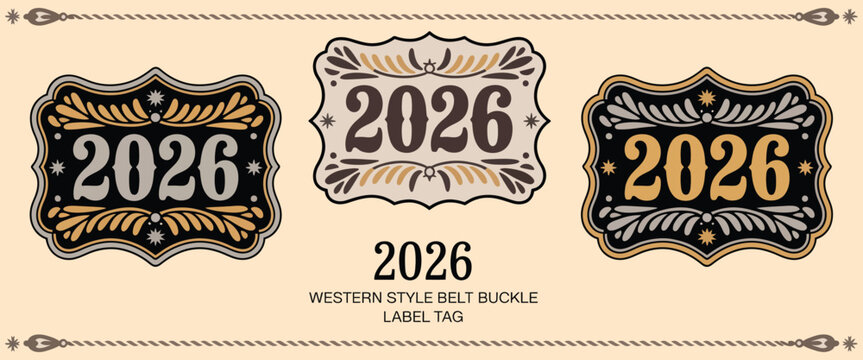 ornate american classic old west style medal typographic emblem, label design with decorative floral frame, vector color variants, editable tag, luxurious shape twenty twenty six.