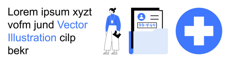 Obraz premium Healthcare data, medical records, telemedicine, personal identification, digital solutions, professional appearance. Person holding clipboard, medical folder and cross. Healthcare and medical record