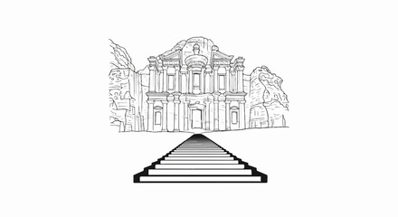 Naklejka premium Ancient carved stone facade accessed by a long set of steps leading through a canyon