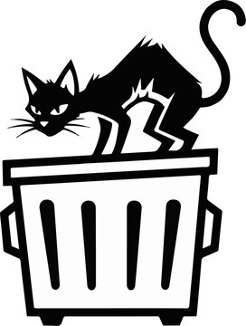 A black cat with sharp features stands arched over a trash can