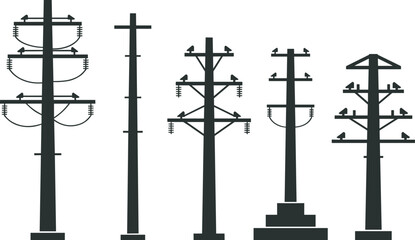 Silhouette of Electrical Utility Poles with High Voltage Power Lines, Industrial Energy Infrastructure, Transmission Tower Grid, Utility Lineman Working on Cables Vector Illustration Set