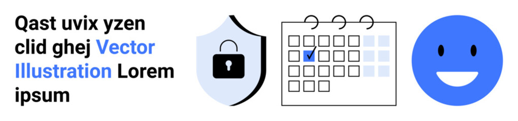 Fototapeta premium Data security, task planning, user management, online privacy, feedback systems, usability. Shield with a lock, calendar with checkmark smiling face. Cybersecurity and task planning concept