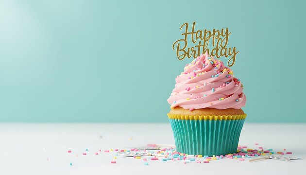 A single cupcake with pink frosting and a 'happy birthday' topper on a light blue background