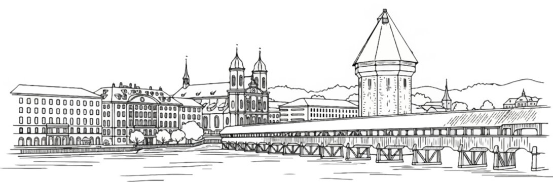 Black and white sketch of a European cityscape with a long covered bridge and historical buildings
