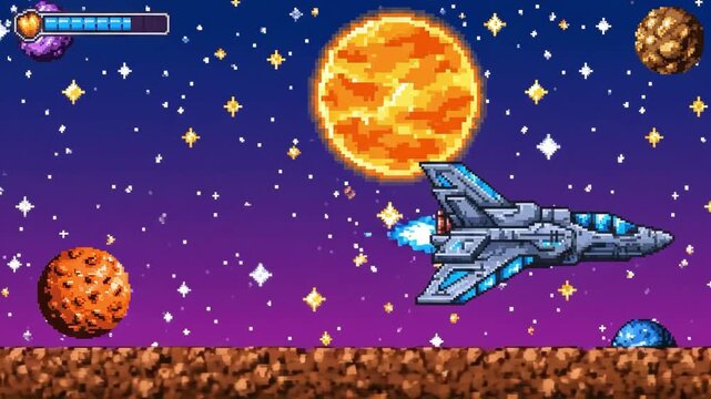 Pixel art spaceship flying through space with planets and stars