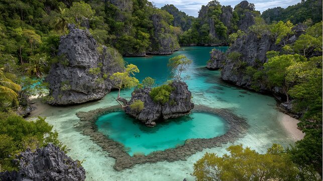 Tropical lagoon with crystal clear water and limestone islands in el nido, palawan, philippines high resolution photo