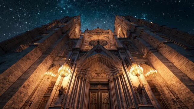 Ancient gothic architecture of a historic European basilica at night featuring an old dome, an ornate altar, and a religious nave window inside the Church of the Holy Sepulchre and Holy Trinity