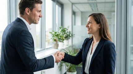 Business professionals shaking hands in modern office