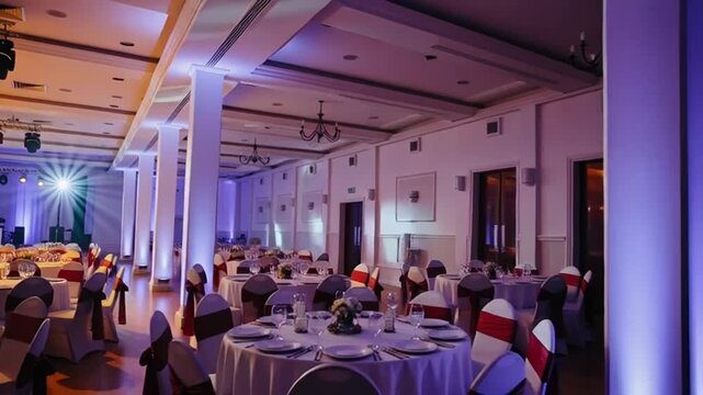 Elegant Ballroom Event Hall Set for Celebration with Stage and Lighting