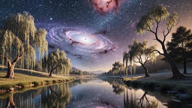 Starry night landscape over frosty lake with willow trees