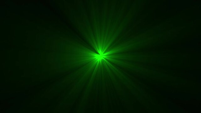 Vibrant green light beams radiating outwards from a central point on a black background, abstract energy effect