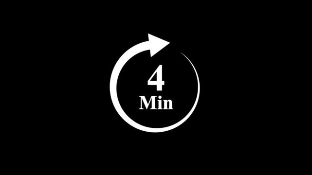 White 4 minute countdown timer with rotating arrow on black background