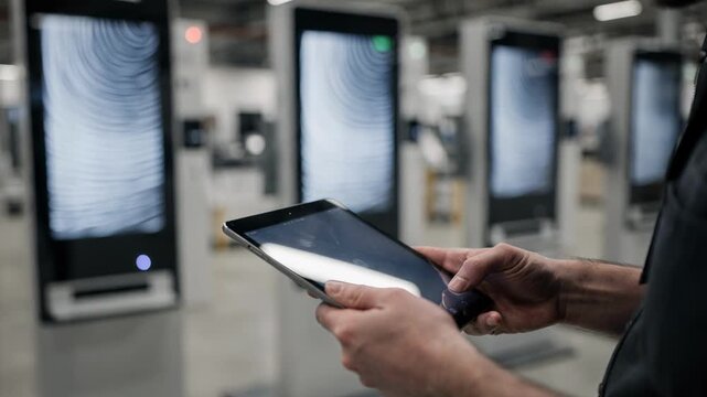 Medium shot showing remote kiosks remotely updated with cloned software stacks while the field technicians hands operate a tablet background softly out of focus.