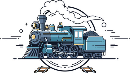 Vintage Blue Steam Locomotive Train Engine with Smoky Chimney and Speed Lines Illustration, Retro Line Art Railway Transport Scene in Circular Frame for Travel History Adventure and Nostalgia Designs © Fahim