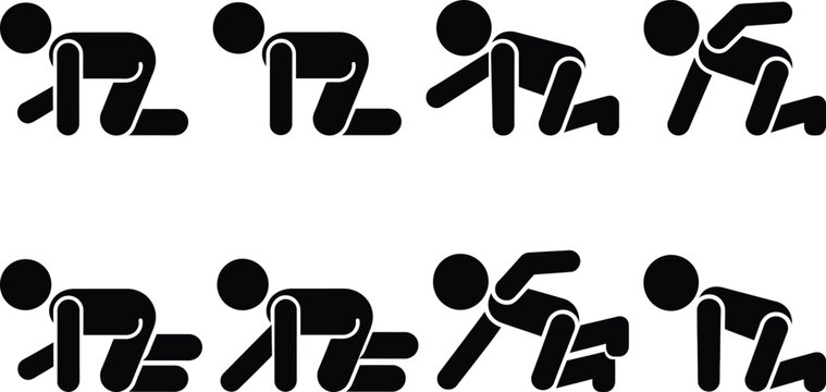 A sequence of stick figures demonstrating various stages of a lunge exercise.