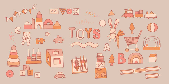 Set of vector illustrations of children toys. Good for posters, stickers, baby goods and playful materials and nursery products.